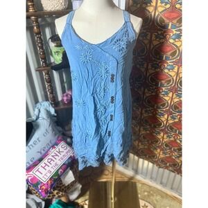 Raya‎ Sun Embroidered Mini Dress Light Blue Sleeveless Boho Hippie Women's M